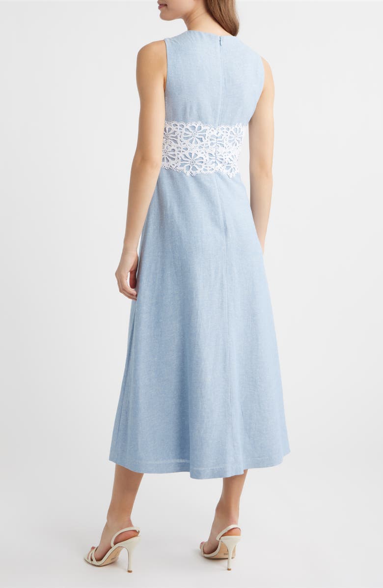 Anne Klein Lace Trim Linen Blend Midi Dress, Alternate, color, Lagoon/ Crisp White