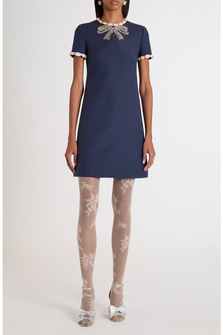 Crystal Embellished Bow Shift Dress, Main, color, INDIGO MULTI