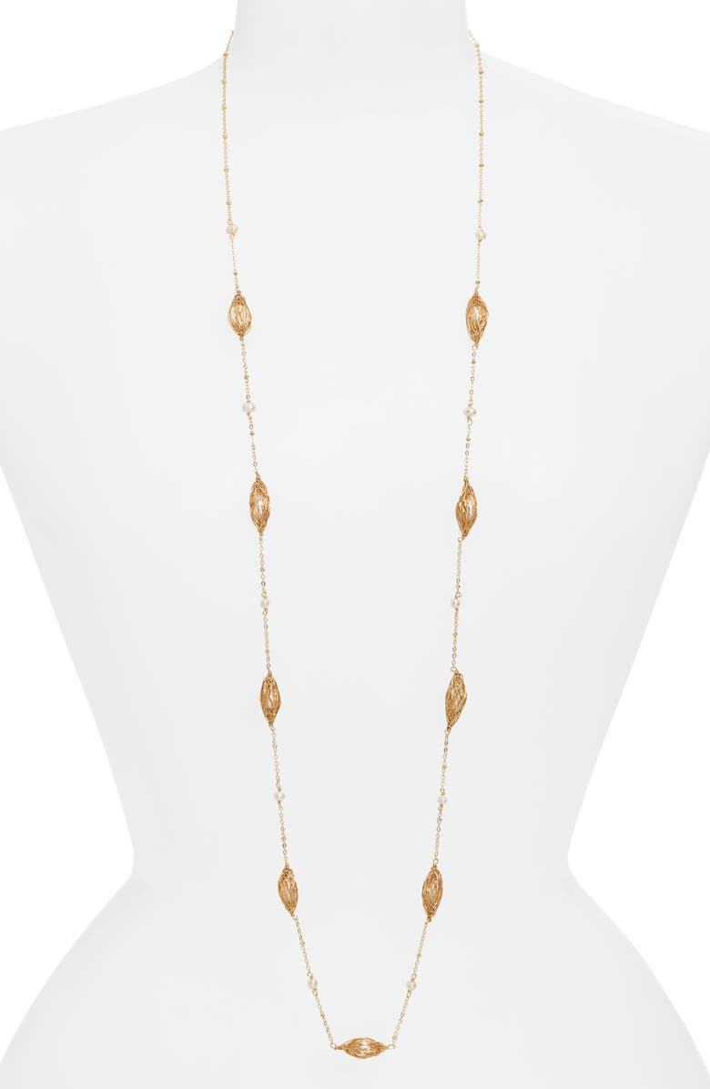 Kiara by Ki-Ele Leesa Wrapped Freshwater Pearl Long Station Necklace, Main, color, Gold