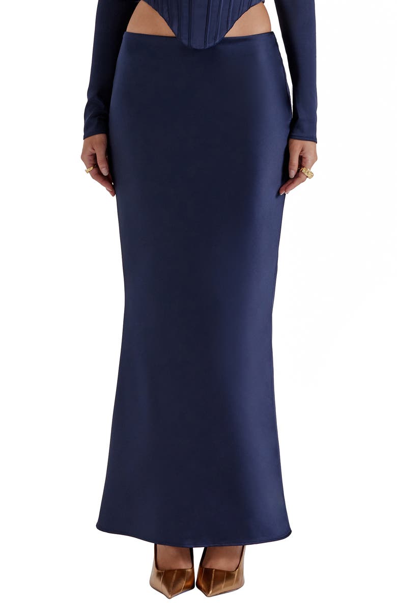 HOUSE OF CB Charlene Satin Maxi Skirt, Main, color, Navy