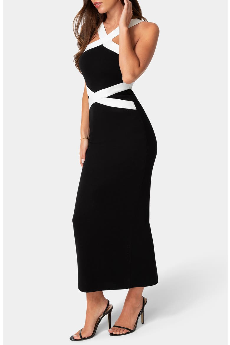Crisscross Contrast Midi Dress, Alternate, color, BLACK/ WHITE
