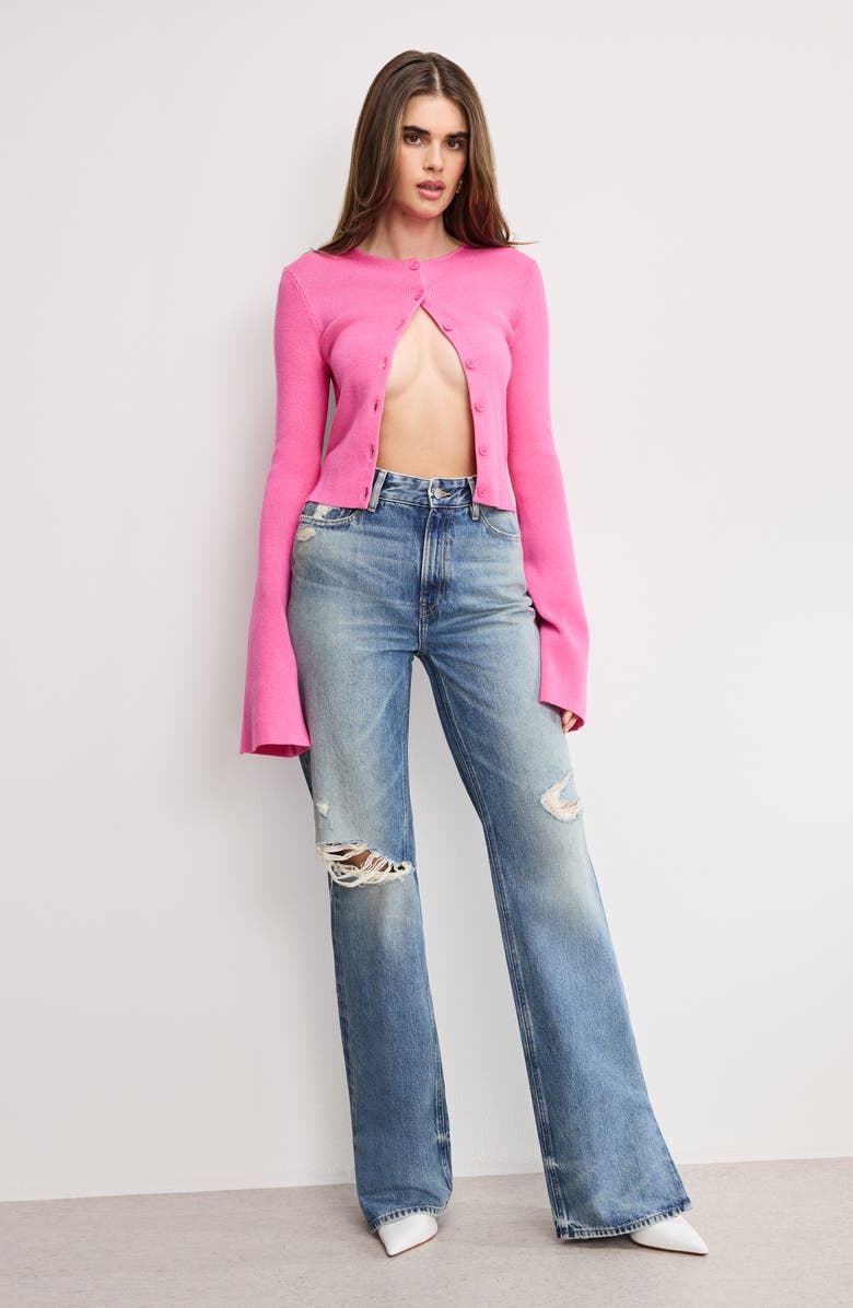 Good American Ribbed Bell Sleeve Cardigan, Alternate, color, Bouquet001