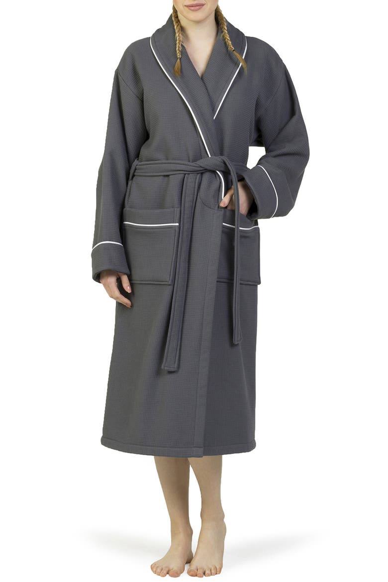 Hotel Collection Satin Piped Trim Waffle Terry Bathrobe, Main, color, DARK GRAY