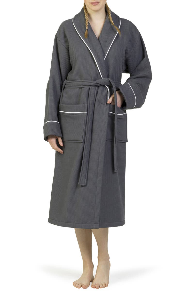 Linum Home Textiles Hotel Collection Satin Piped Trim Waffle Terry Bathrobe, Main, color, Dark Gray