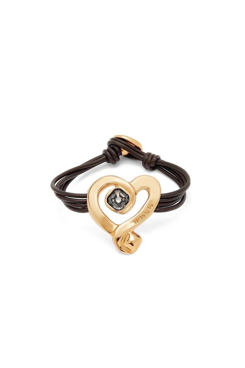Black Crystal Heart Leather Bracelet, Main, color, Gold