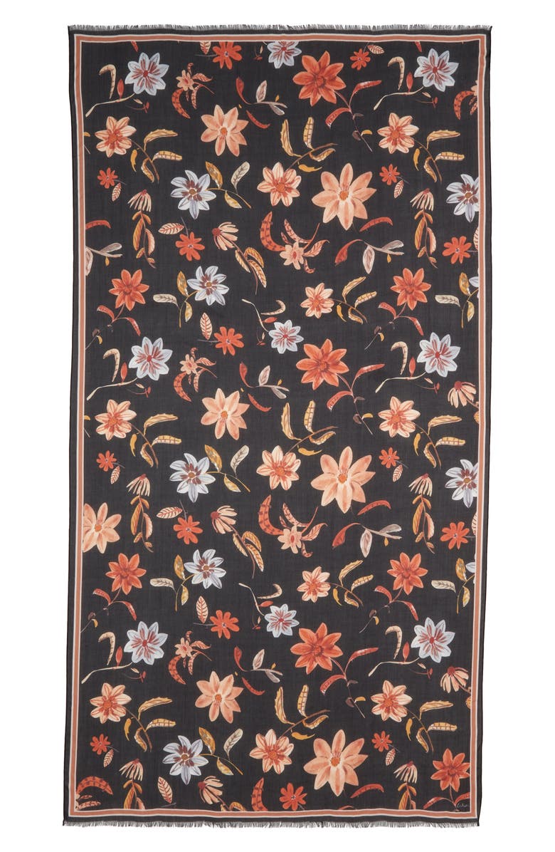 Echo Autumn Floral Fringe Scarf, Alternate, color, Black