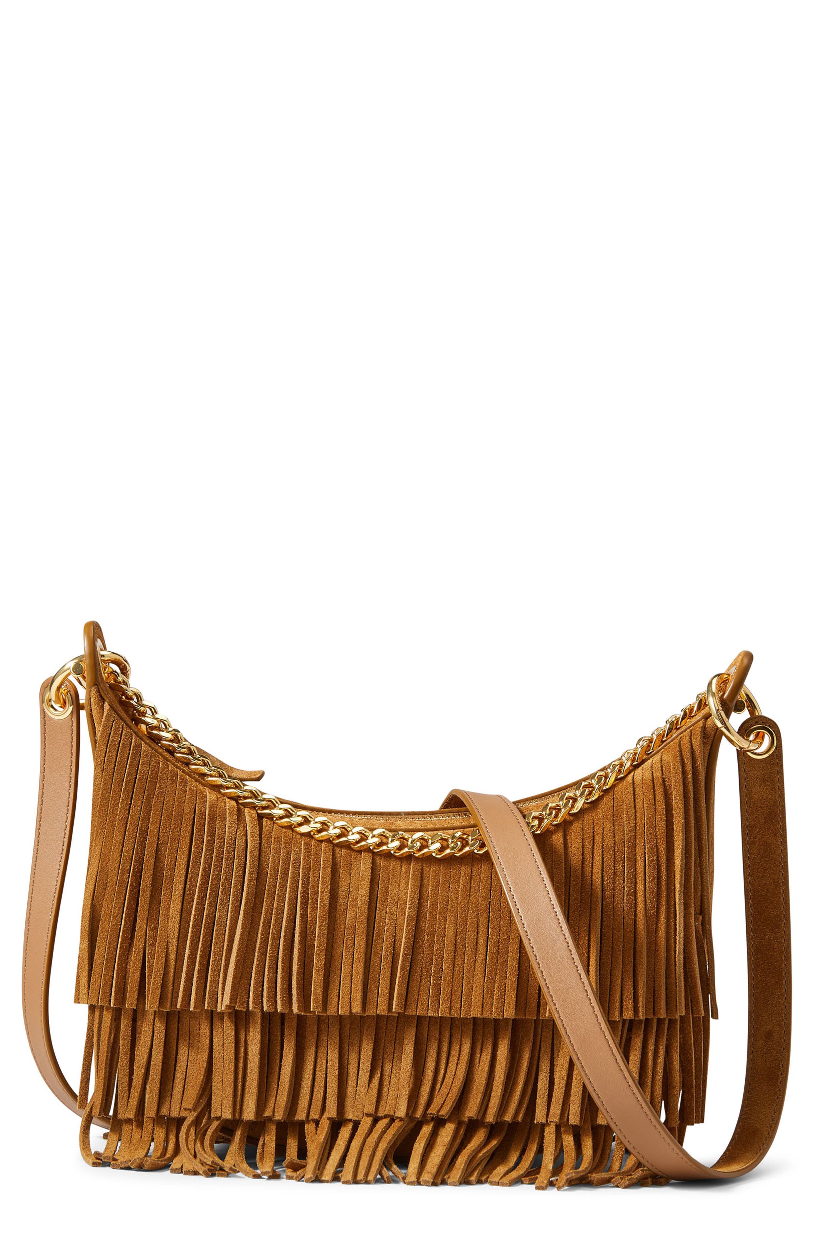 Veronica Beard Small Fortune Fringe Suede Shoulder Bag, Main, color, Acorn
