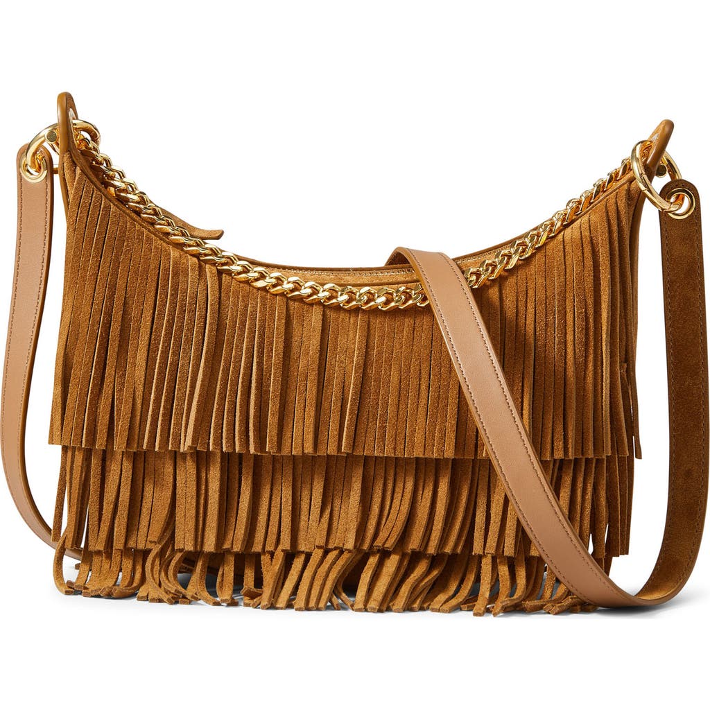 Veronica Beard Small Fortune Fringe Suede Shoulder Bag In Brown