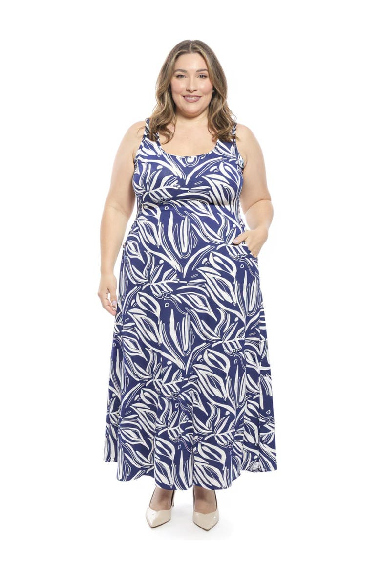 Plus Size Abstract Sleeveless Scoop Neck A-Line Pocket Maxi Dress, Main, color, Navy Multi