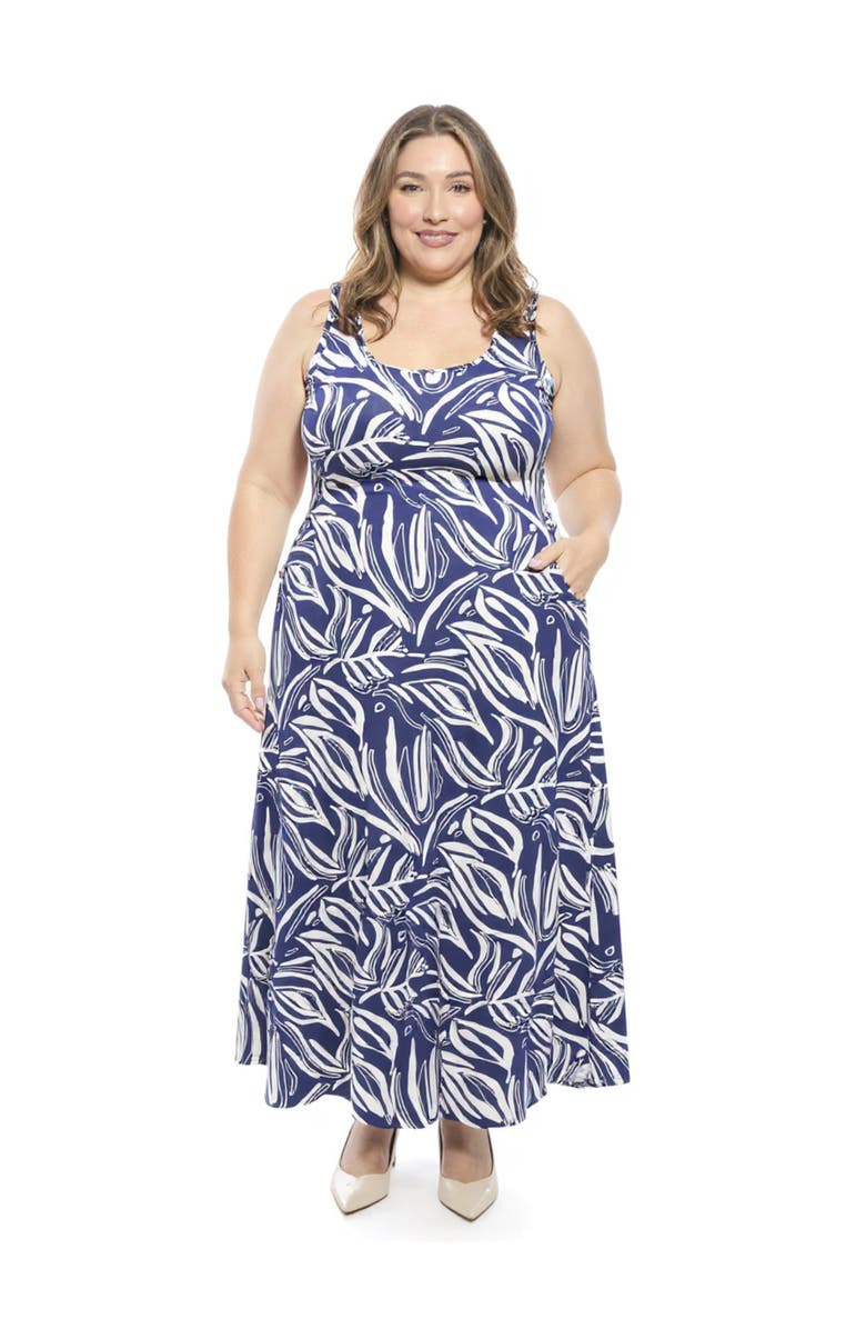 24seven Comfort Apparel Plus Size Abstract Sleeveless Scoop Neck A-Line Pocket Maxi Dress, Main, color, Navy Multi