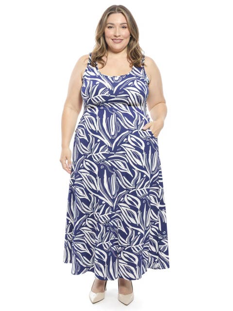 Plus Size Abstract Sleeveless Scoop Neck A-Line Pocket Maxi Dress