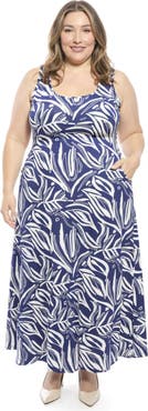 24seven Comfort Apparel Plus Size Abstract Sleeveless Scoop Neck A-Line Pocket Maxi Dress