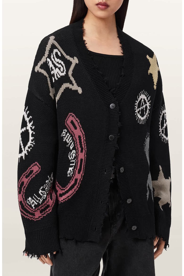 Hester Western Cotton Jacquard Cardigan, Main, color, BLACK