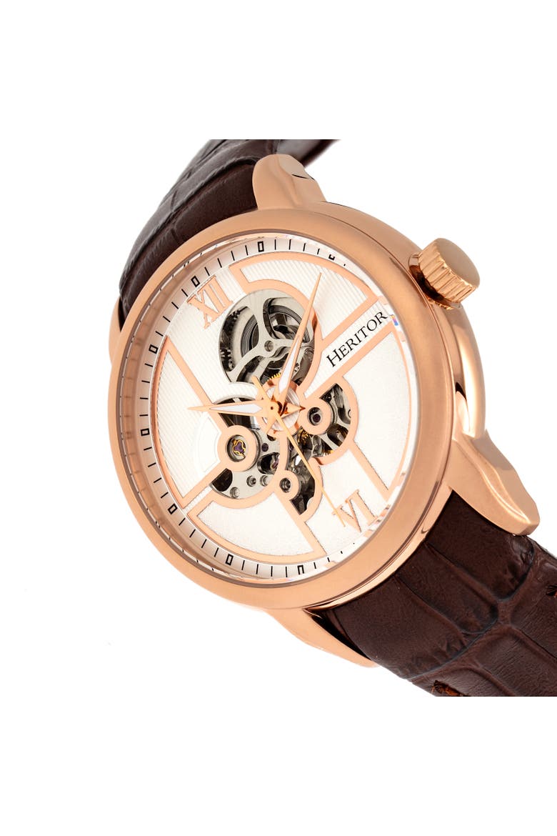 Sanford Semi-Skeleton Leather-Band Watch, Alternate, color, Rose Gold/Brown