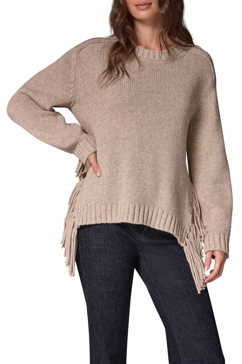 Fringe Detail Crewneck Sweater, Main, color, LATTE HEATHER