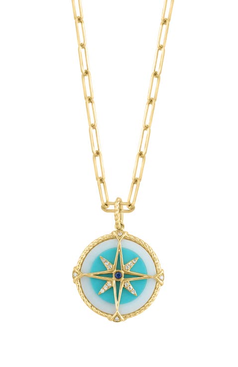 14K Yellow Gold Diamond,White Agate,Sapphire,Turquoise Pendant