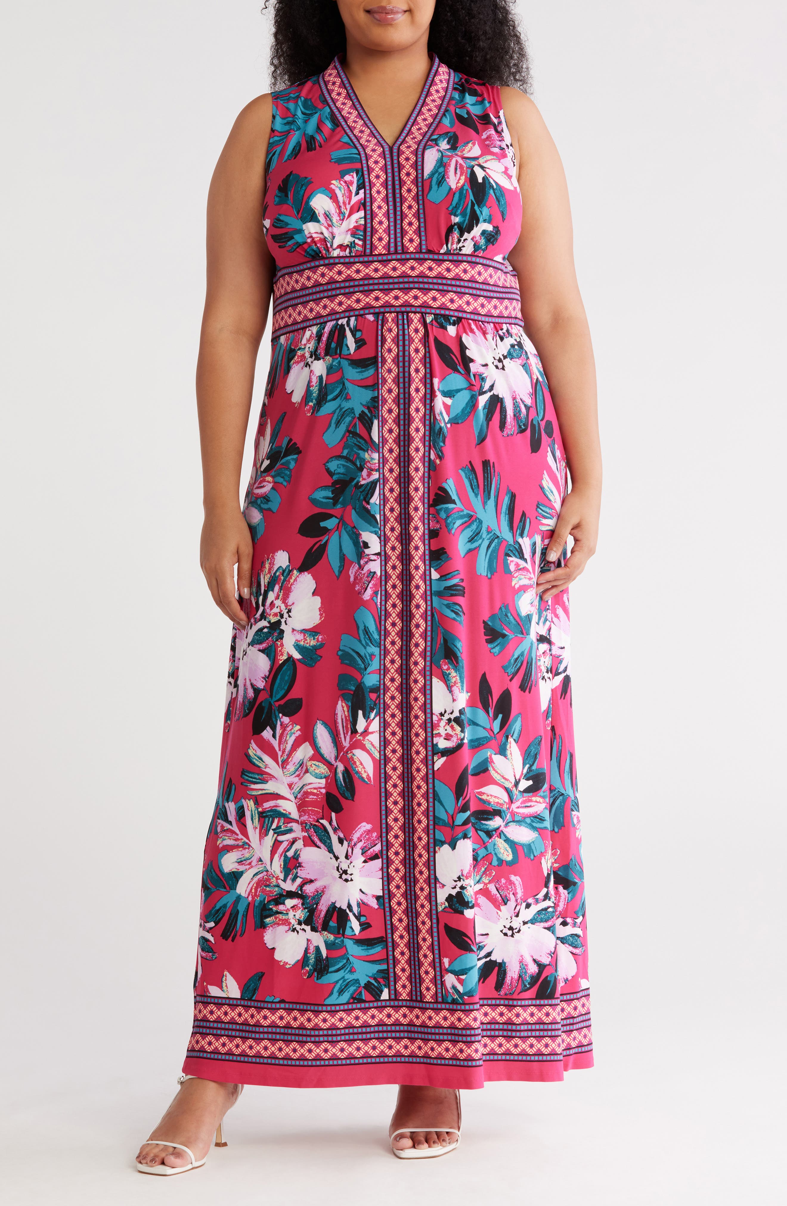 London Times Border Print Sleeveless Jersey Maxi Dress