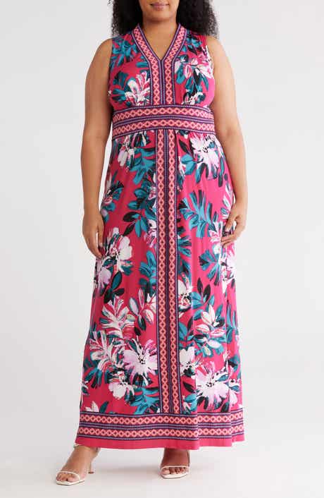 London Times Border Print Sleeveless Jersey Maxi Dress