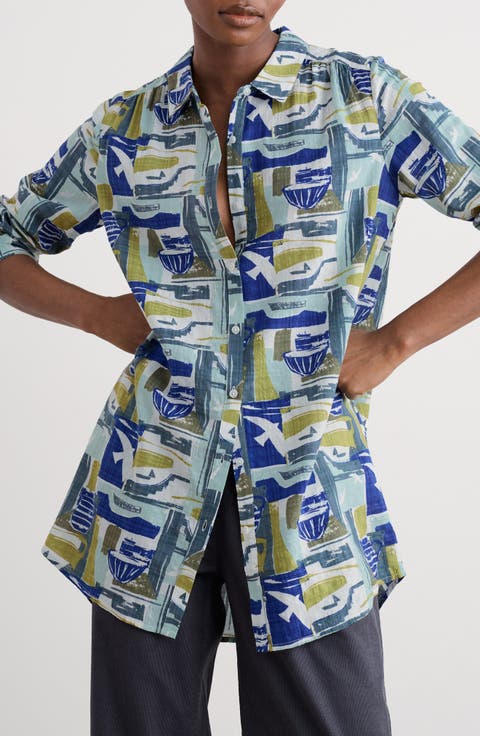 Wren Abstract Print Cotton Blend Button-Up Shirt
