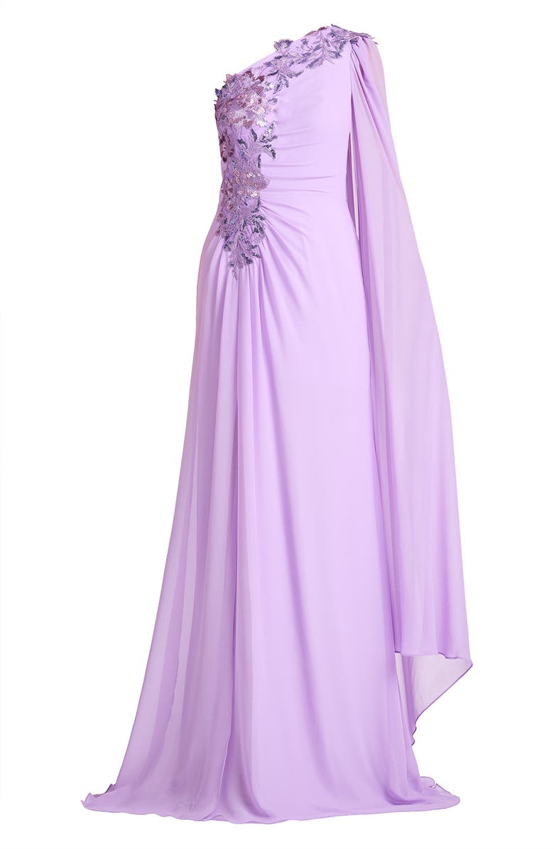 Tadashi Shoji Sequin Leaf Detail One-Shoulder Chiffon Gown, Alternate, color, 