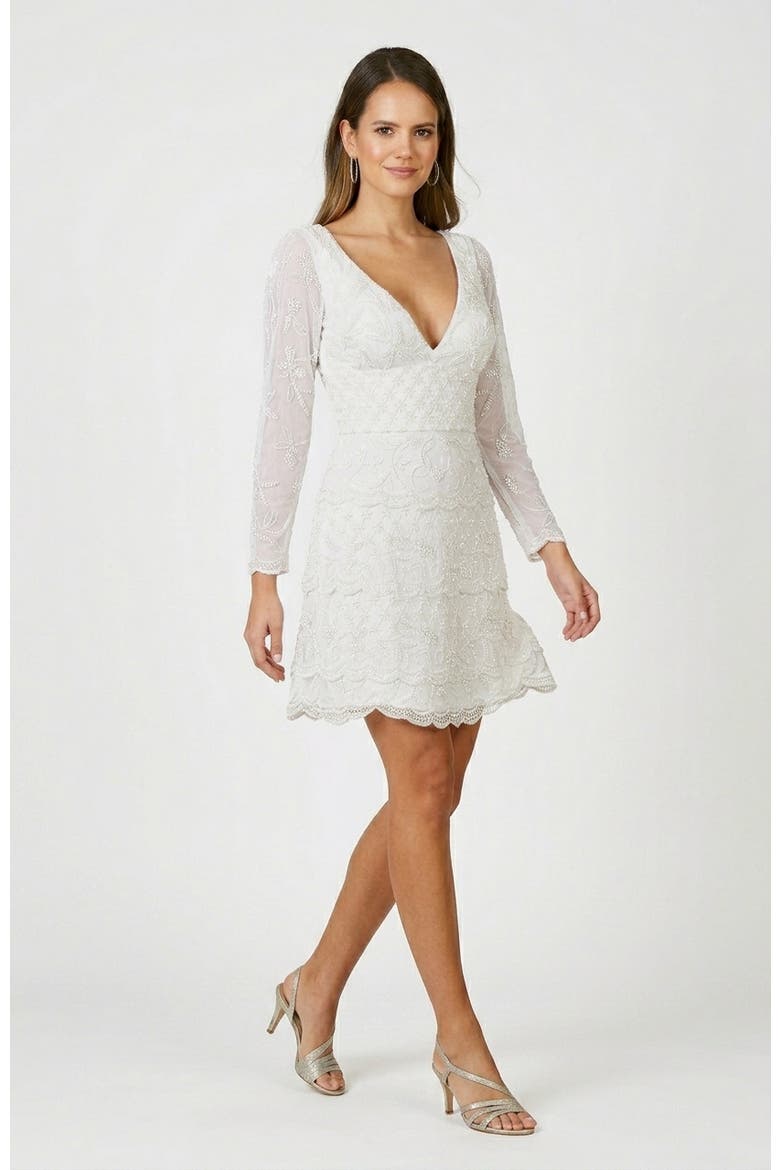 Goldie Beaded V-Neck Mini Dress, Alternate, color, Ivory