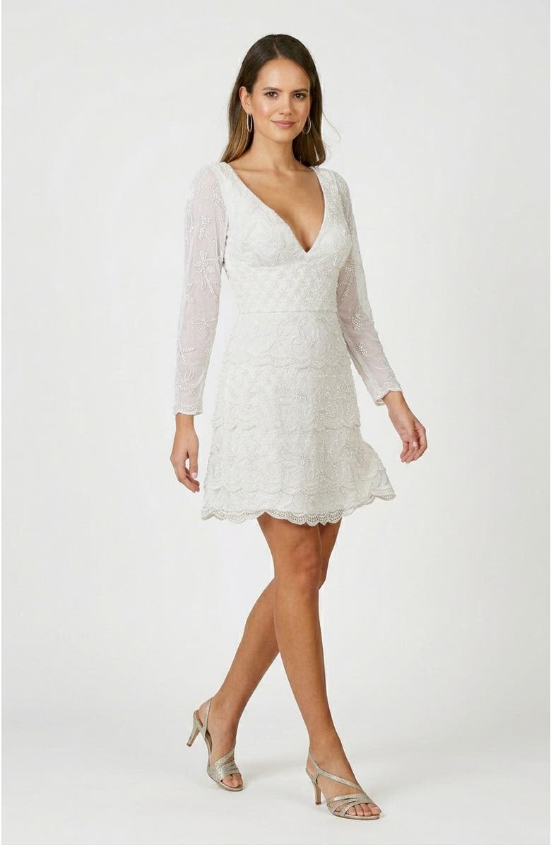 LARA New York Goldie Beaded V-Neck Mini Dress, Alternate, color, Ivory