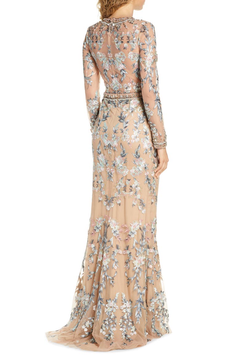 Embellished Long Sleeve Lace Gown, Alternate, color, NUDE MULTI