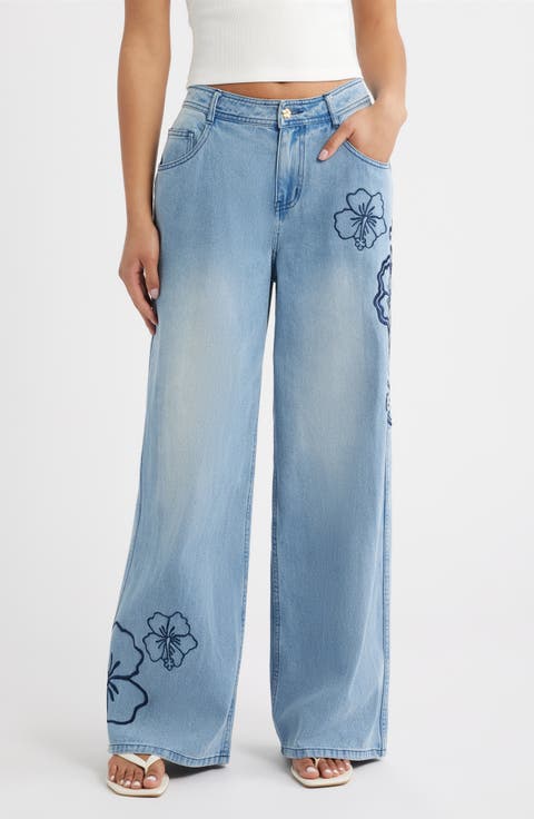 Floral Embroidered Wide Leg Jeans (Sundrunk)