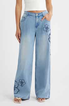 Floral Embroidered Wide Leg Jeans