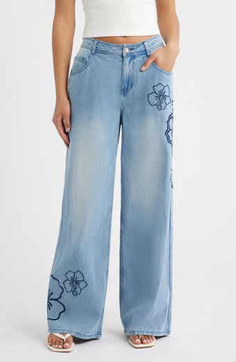 Floral Embroidered Wide Leg Jeans