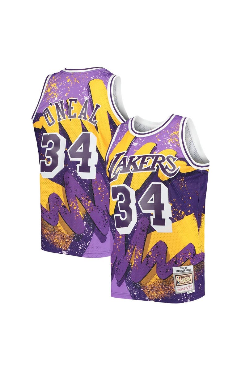 Mitchell & Ness Men's Mitchell & Ness Shaquille O'Neal Purple Los Angeles Lakers Hardwood Classics 1996/97 Hyper Hoops Swingman Jersey, Main, color, 