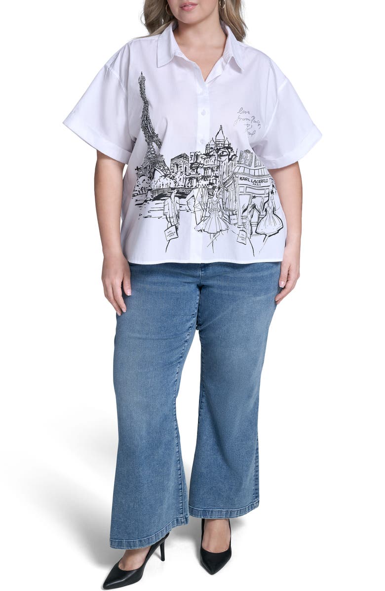 KARL LAGERFELD PARIS Paris Scene Cotton Poplin Button-Up Shirt, Alternate, color, White