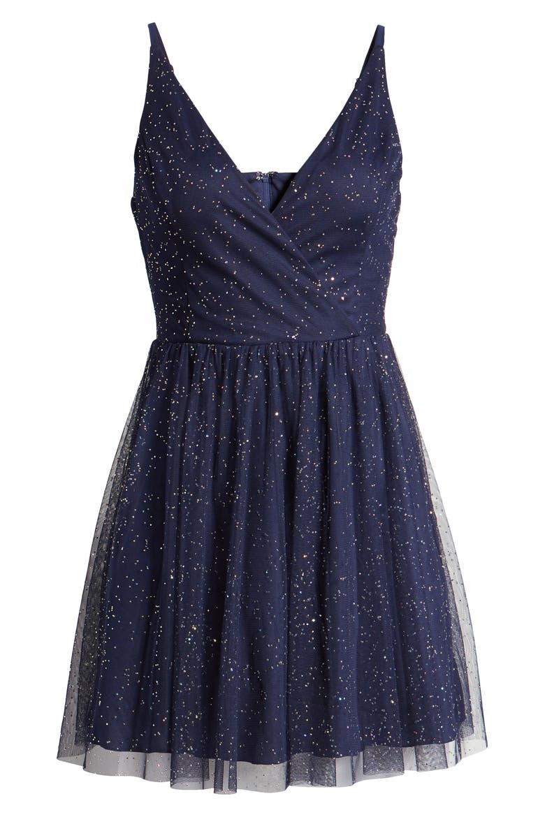 Glitter Tulle V-Neck Minidress, Alternate, color, NAVY