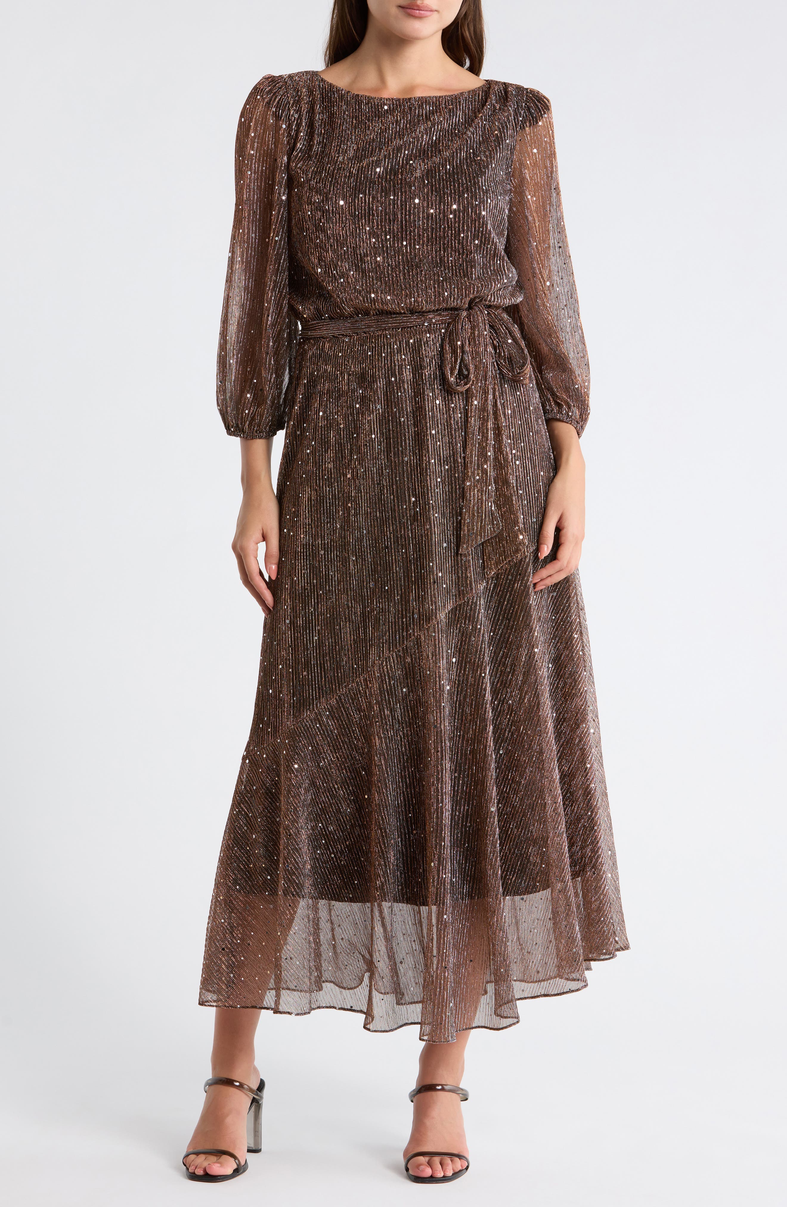 Julia Jordan Balloon Sleeve Metallic Plissé Midi Dress