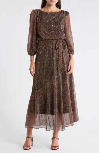 Julia Jordan Balloon Sleeve Metallic Plissé Midi Dress