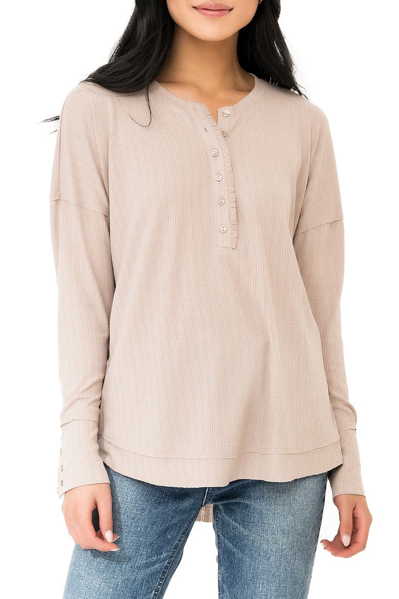 Ruffle Trim Rib Henley, Main, color, MOCHA