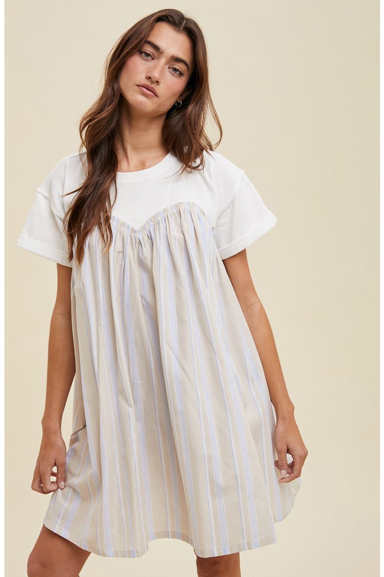 Stripe Twofer Mixed Media Cotton Babydoll Dress, Alternate, color, TAUPE COMBO