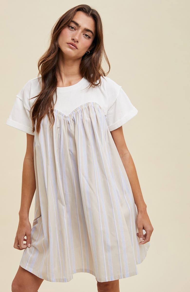 WISHLIST Stripe Twofer Mixed Media Cotton Babydoll Dress, Alternate, color, Taupe Combo