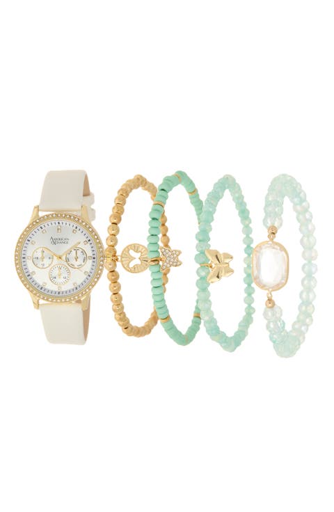 Crystal Chronograph Faux Leather Strap Watch & Assorted Bracelets Set, 38mm