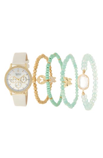 American Exchange Crystal Chronograph Faux Leather Strap Watch & Assorted Bracelets Set, 38mm In White