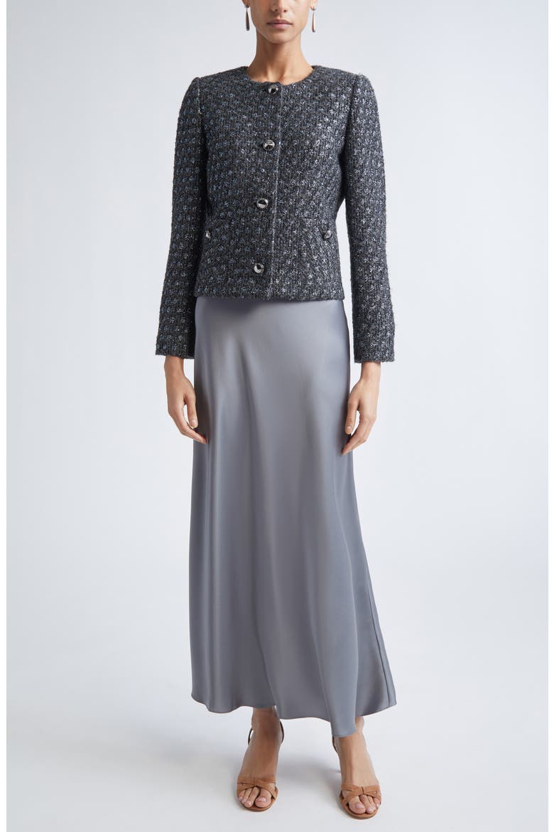 Long Sleeve Satin V-Neck Dress, Alternate, color, PEWTER