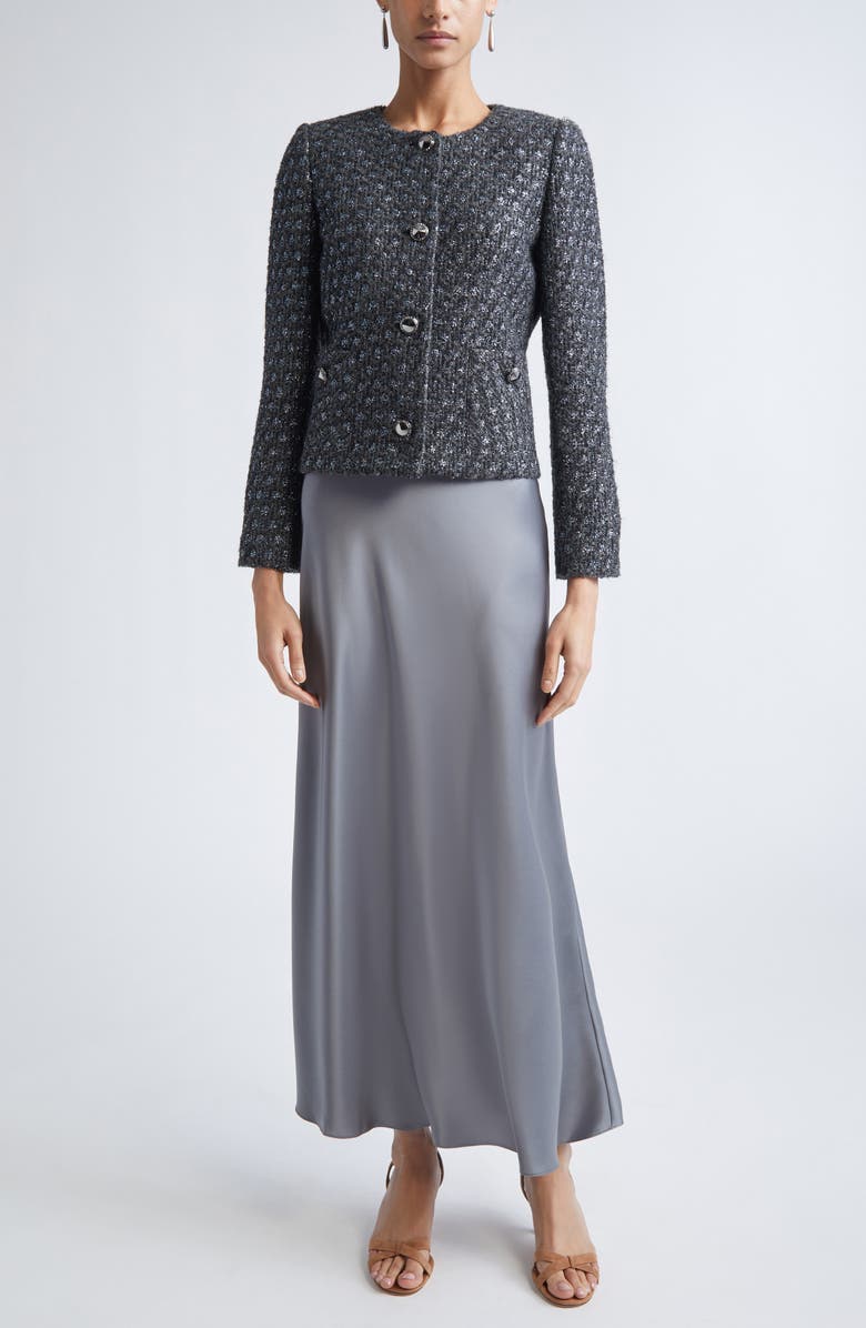 ST. JOHN Long Sleeve Satin V-Neck Dress, Alternate, color, Pewter