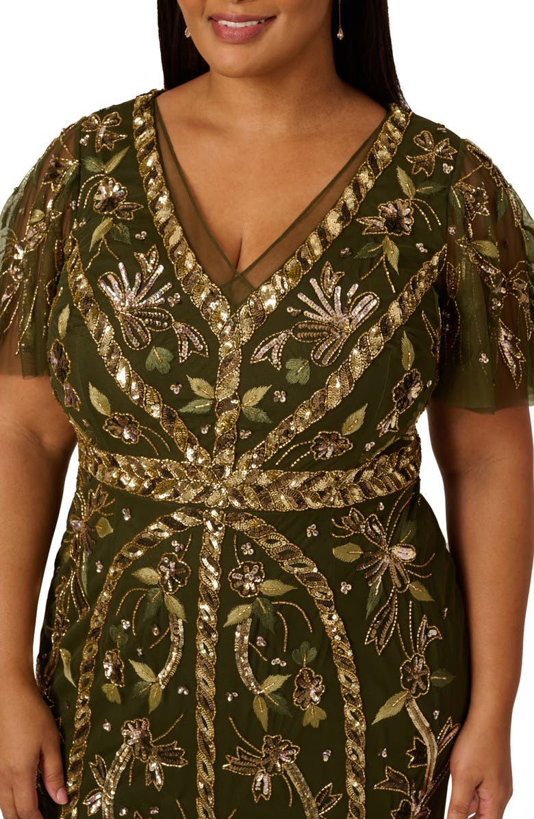 Adrianna Papell Embroidered & Bead Embelllished Evening Gown, Alternate, color, Olive