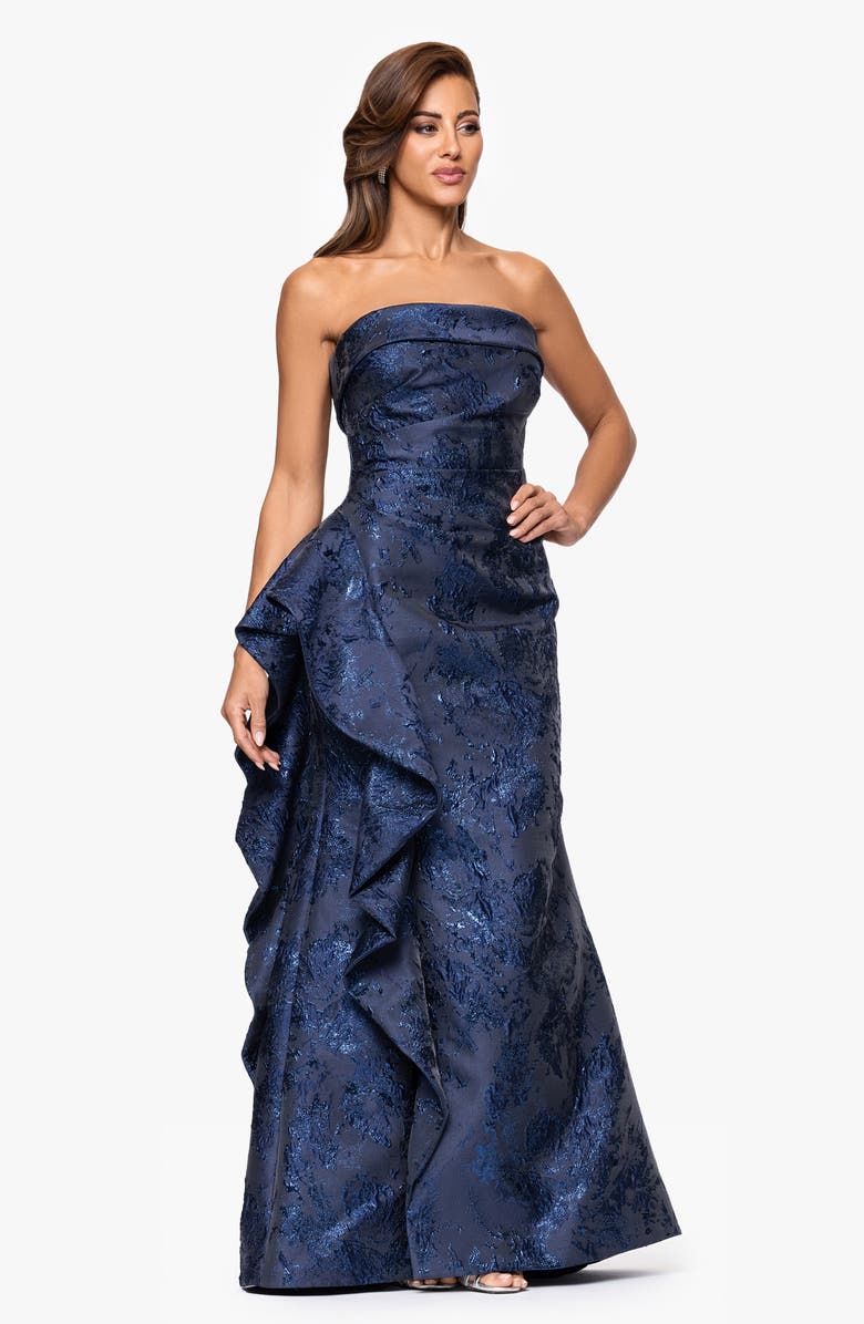 Xscape Evenings Strapless Ruffle Brocade Gown, Alternate, color, Navy