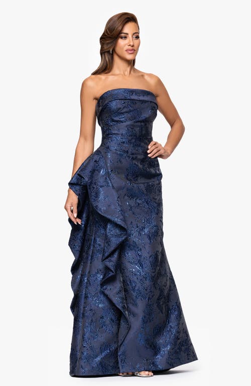 Xscape Evenings Strapless Ruffle Brocade Gown In Blue