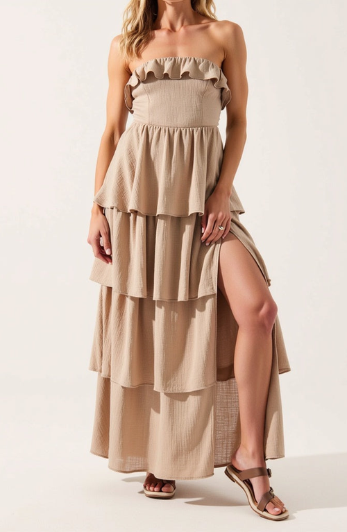 Modenaire Strapless Tiered Ruffle Maxi Dress With High Slit In Beige