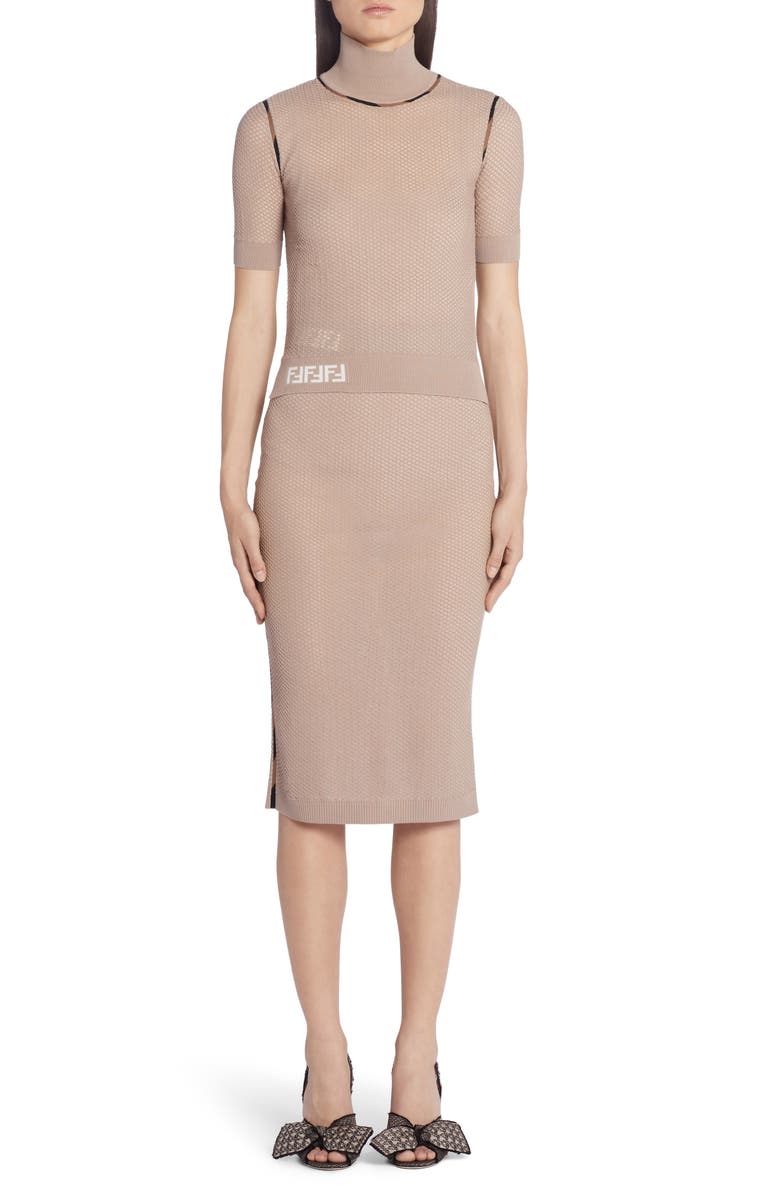 Fendi FF Logo Micro Mesh Sweater Skirt, Alternate, color, 