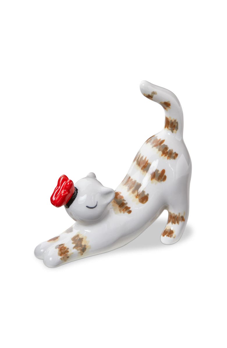 tag Stretching Cat Ring Holder Multi Earthenware Everyday, Main, color, White