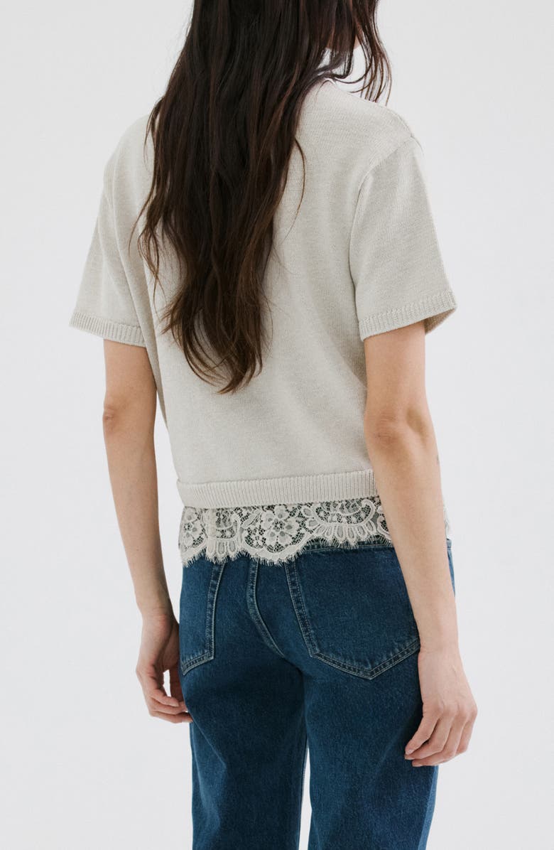 MANGO Lace Trim Short Sleeve Sweater, Alternate, color, Light/ Pastel Grey