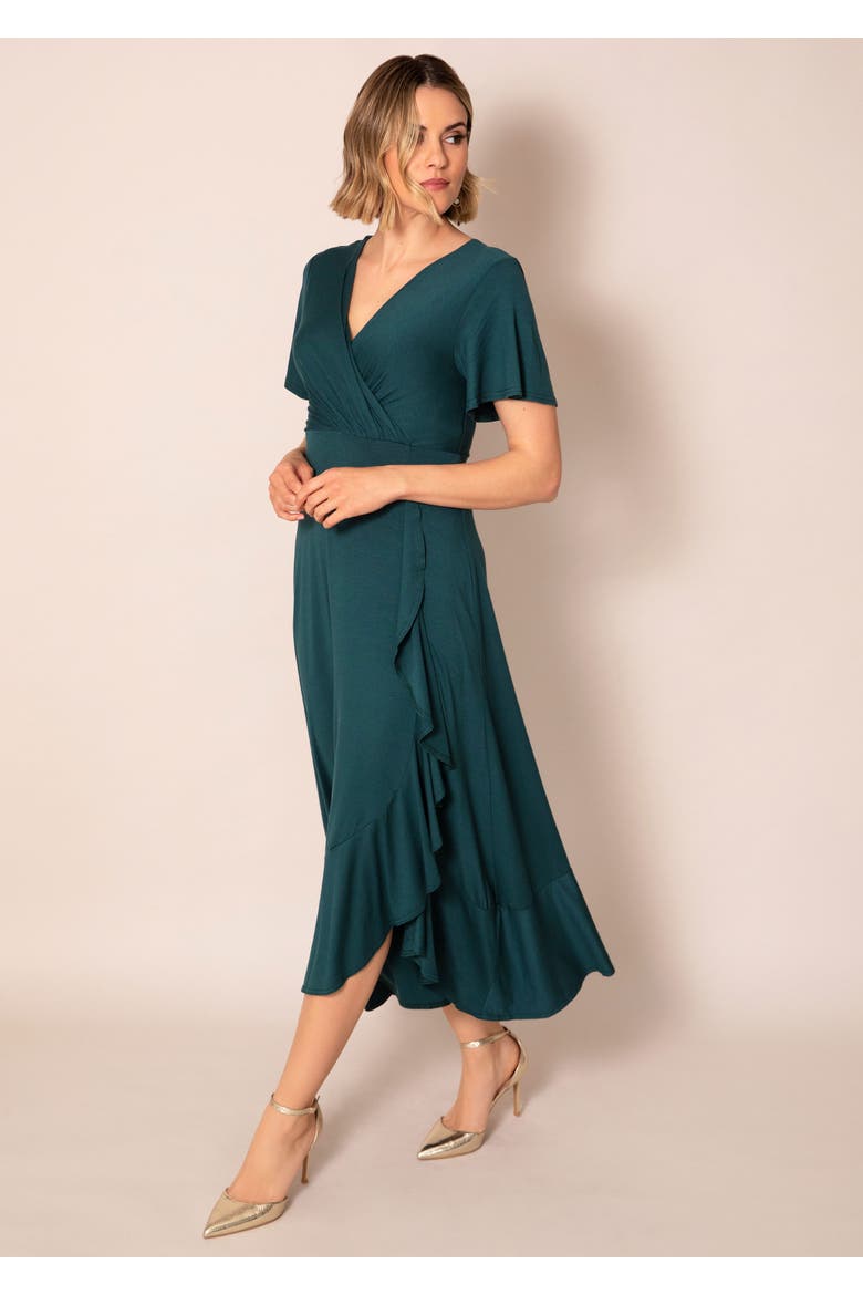 Waterfall Wrap Midi Dress Cascade Ruffle, Alternate, color, Pine Green